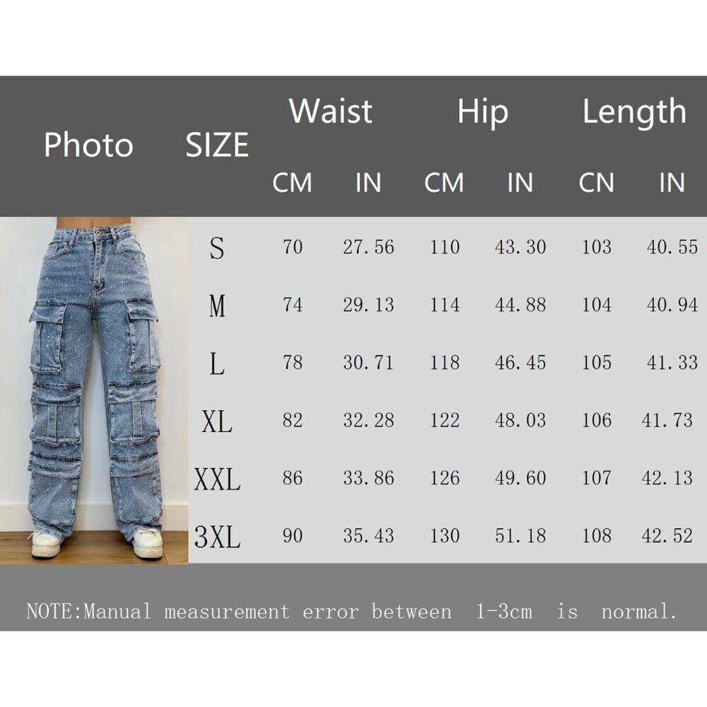 Women's Rhinestone Cargo Jeans High Waist Baggy Wide Leg Denim Pants - Picture 6 of 6